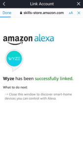 Wyze account successfully linked to Alexa